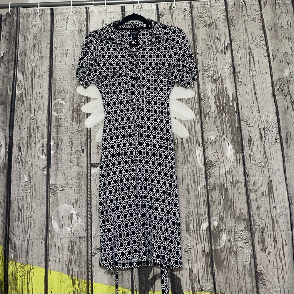 Black and White Short Sleeve Midi Dress with Tie Belt Women #228
